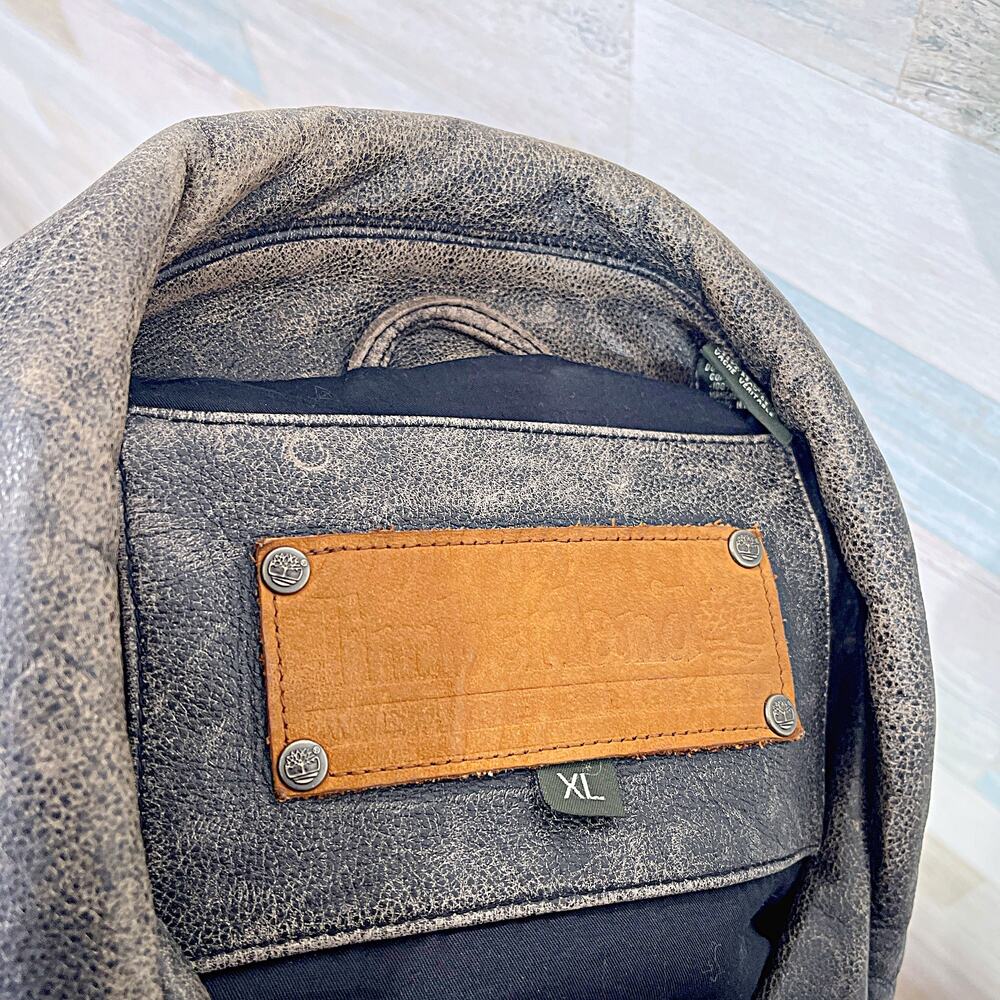 Timberland 100% Cowhide Leather Distressed Jacket Brown Zip Up Vintage Mens XL - Picture 8 of 10